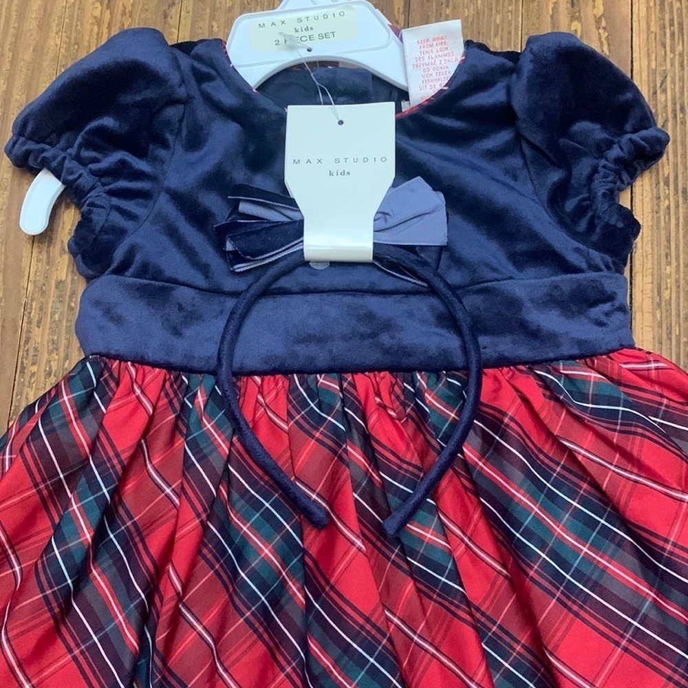 Max Studio Girl’s Red Tartan Plaid Christmas Dress With Headband NWT 2